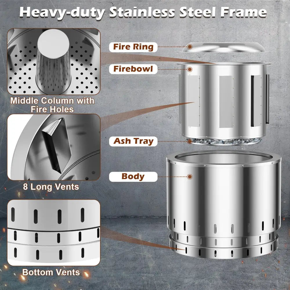 Smokeless Stainless Steel Fire Pit with Ash Pan for Yard Camping-Silver - Silver - Fire Pits