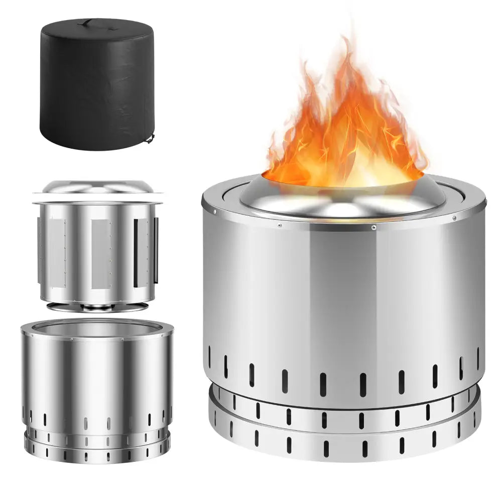 Smokeless Stainless Steel Fire Pit with Ash Pan for Yard Camping-Silver - Silver - Fire Pits