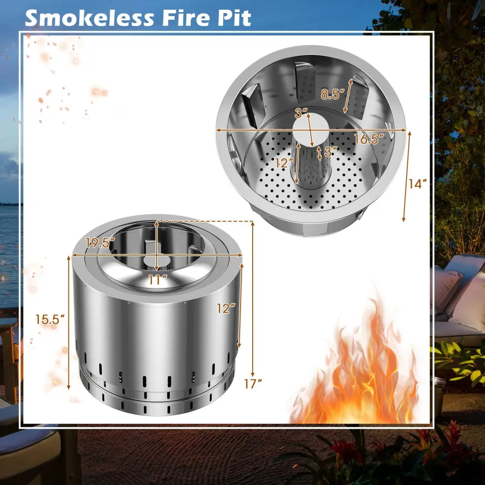 Smokeless Stainless Steel Fire Pit with Ash Pan for Yard Camping-Silver - Silver - Fire Pits