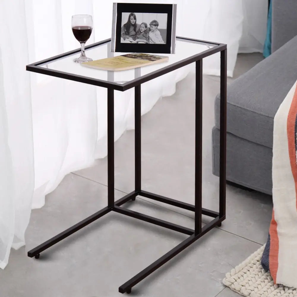 Sofa End Table Coffee Side Table with Glass Top - Black - End & Side Tables
