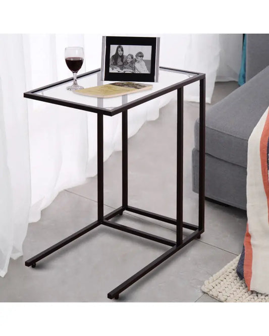 Sofa End Table Coffee Side Table with Glass Top - Black - End & Side Tables