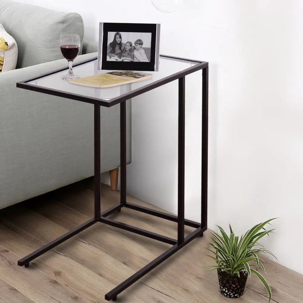 Sofa End Table Coffee Side Table with Glass Top - Black - End & Side Tables