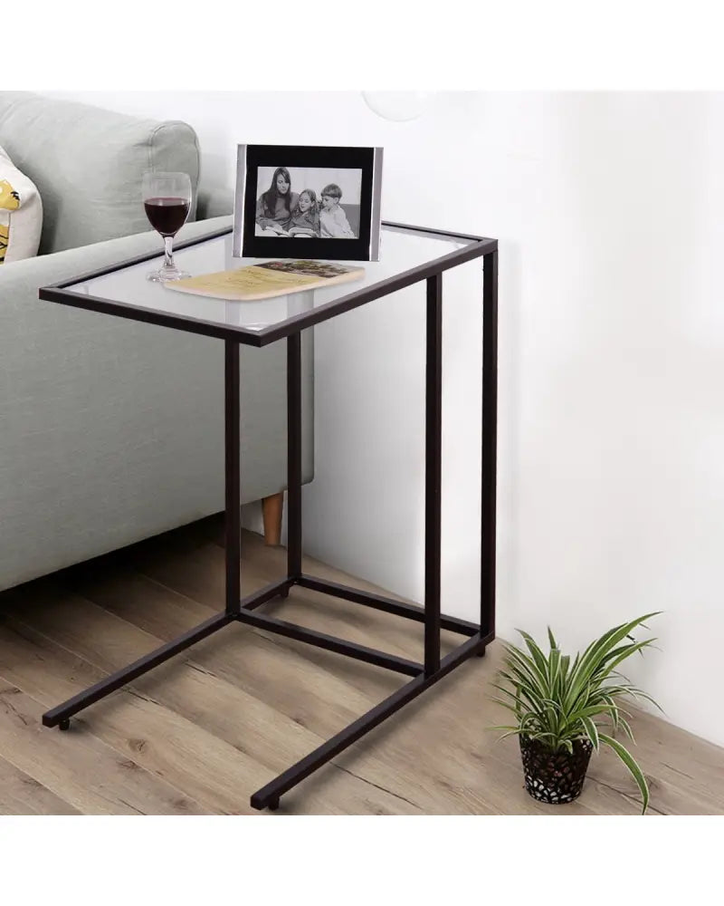 Sofa End Table Coffee Side Table with Glass Top - Black - End & Side Tables