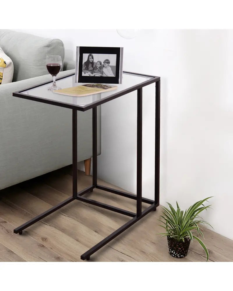 Sofa End Table Coffee Side Table with Glass Top - Black - End & Side Tables