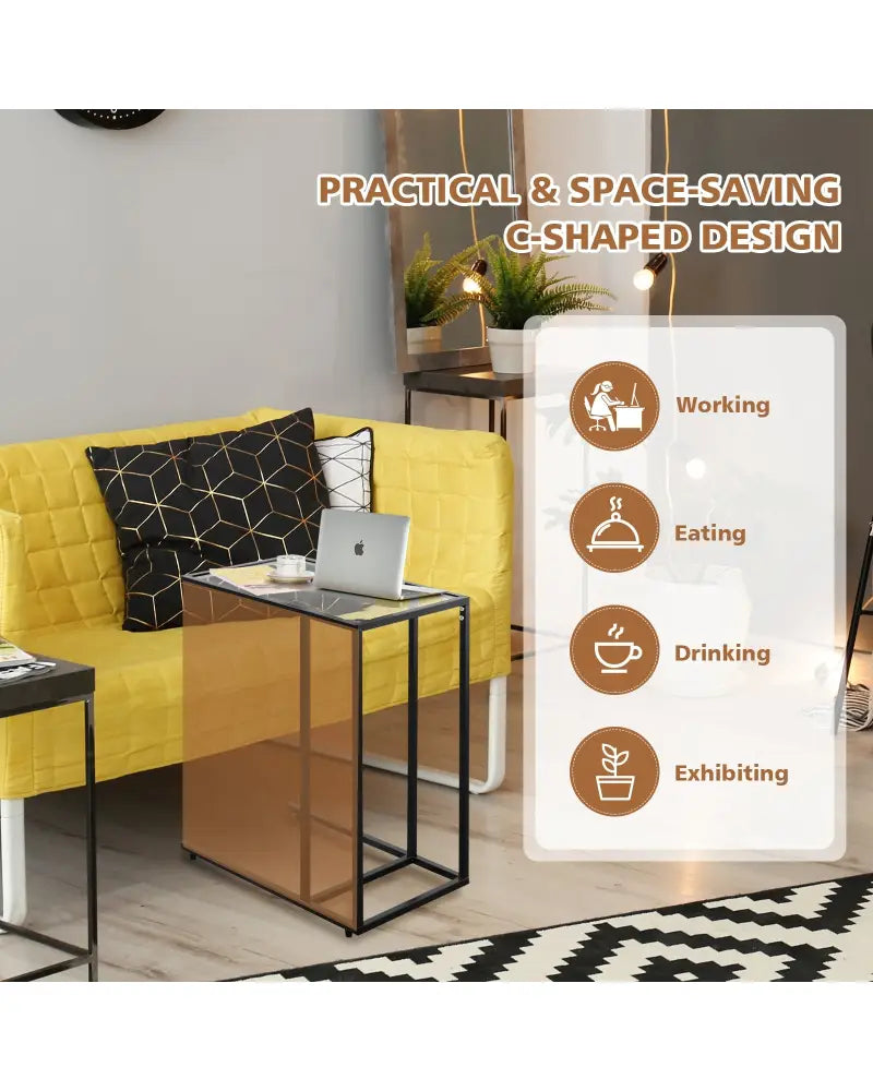 Sofa End Table Coffee Side Table with Glass Top - Black - End & Side Tables