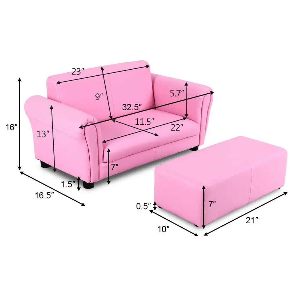 Soft Kids Double Sofa with Ottoman-Pink - Pink - Kids Chairs & Seating