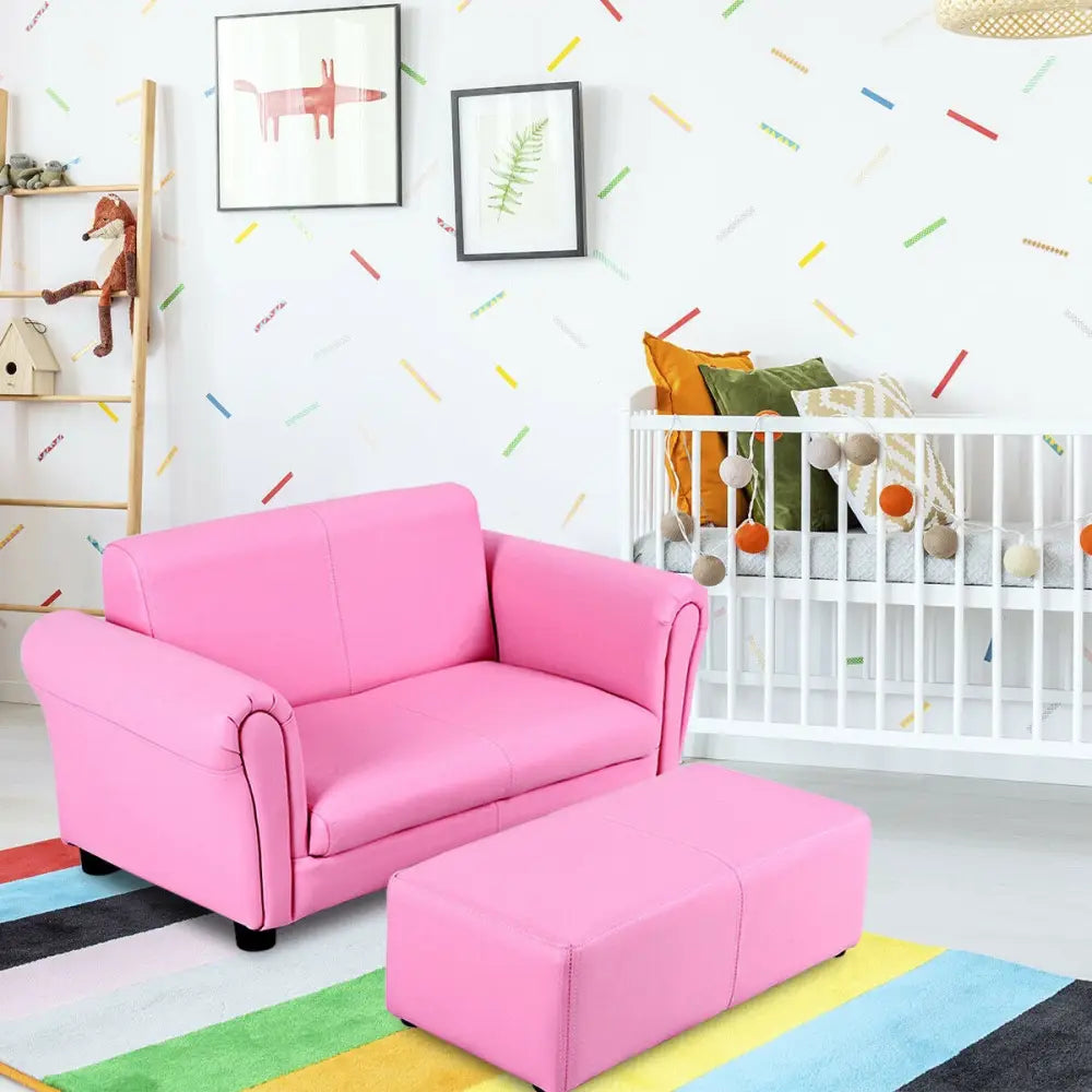 Soft Kids Double Sofa with Ottoman-Pink - Pink - Kids Chairs & Seating