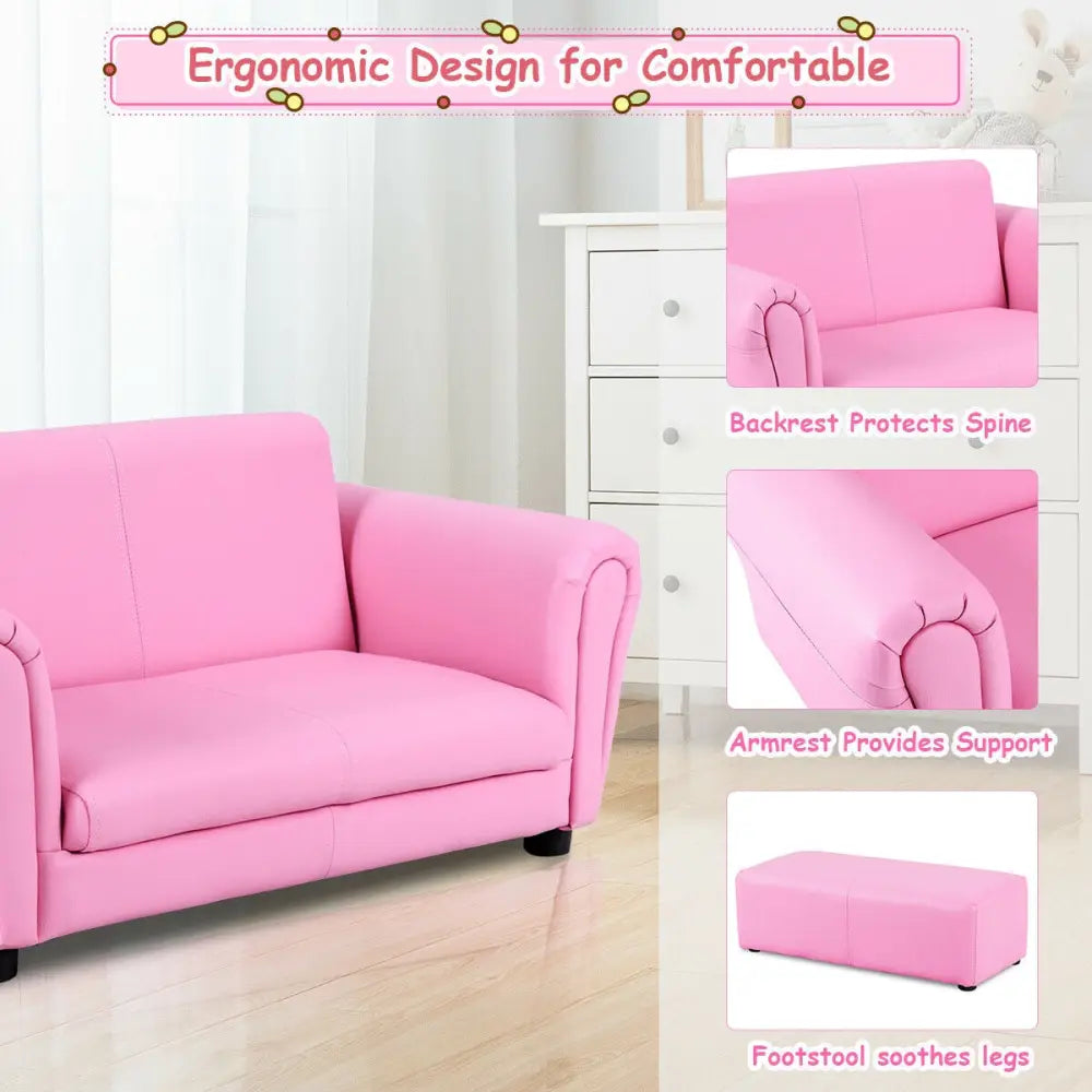 Soft Kids Double Sofa with Ottoman-Pink - Pink - Kids Chairs & Seating