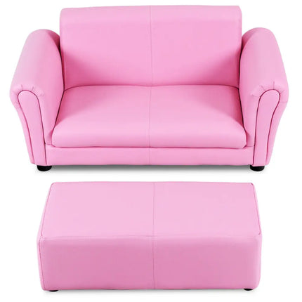 Soft Kids Double Sofa with Ottoman-Pink - Pink - Kids Chairs & Seating