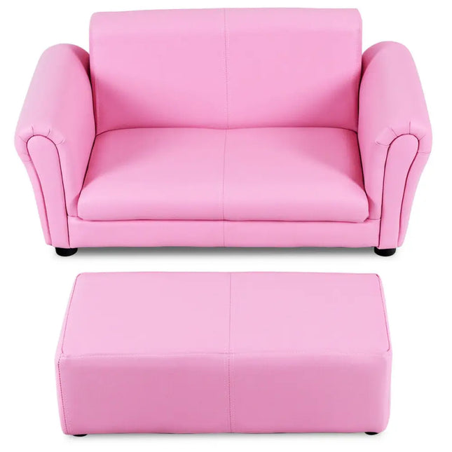 Soft Kids Double Sofa with Ottoman-Pink - Pink - Kids Chairs & Seating