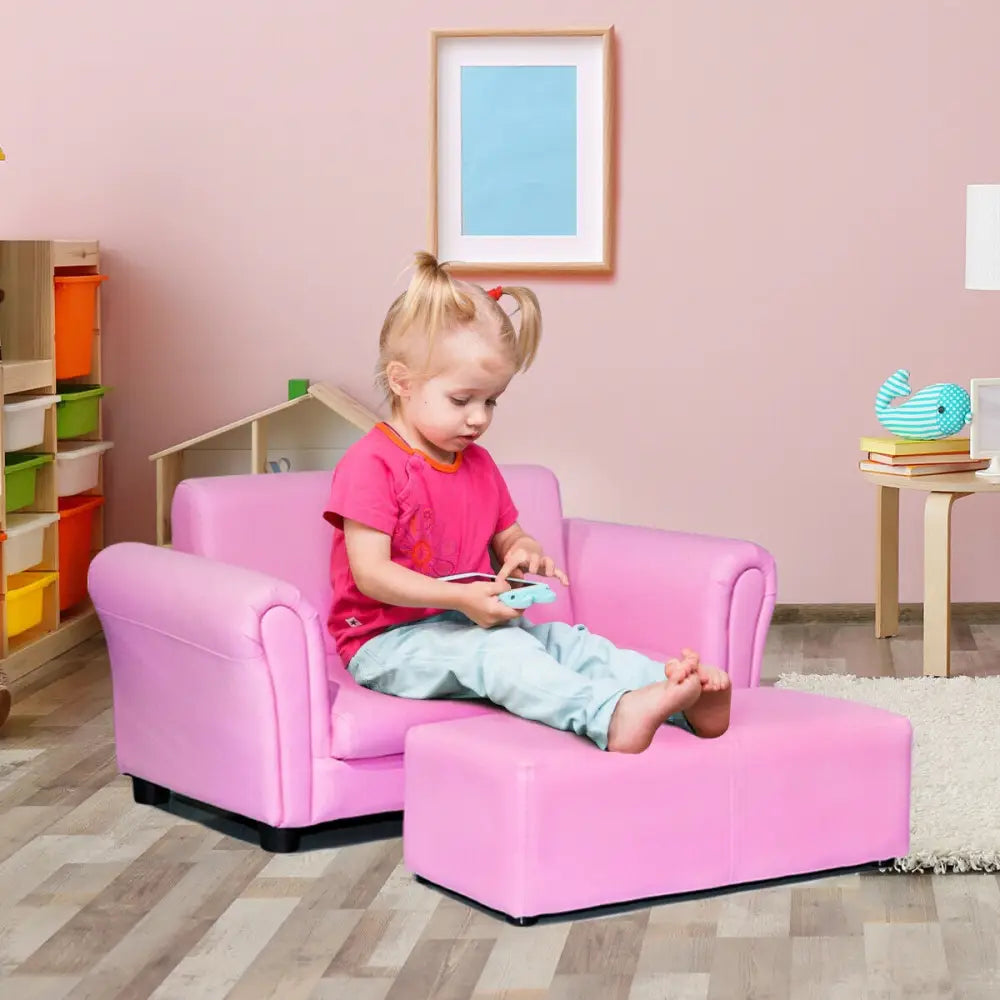 Soft Kids Double Sofa with Ottoman-Pink - Pink - Kids Chairs & Seating