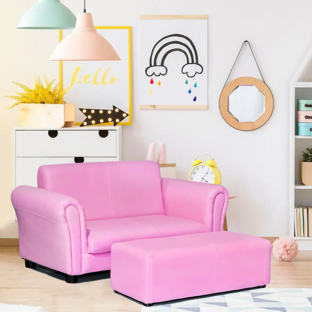 Soft Kids Double Sofa with Ottoman-Pink - Pink - Kids Chairs & Seating
