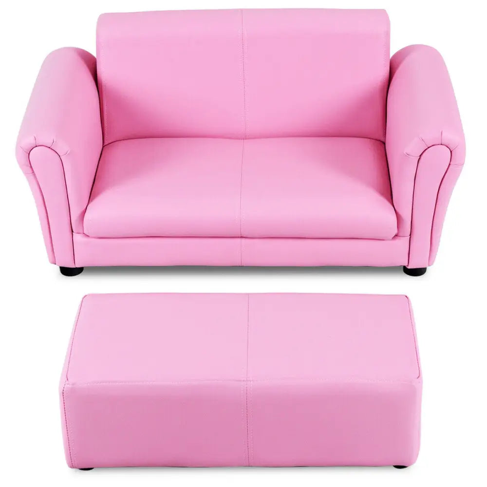 Soft Kids Double Sofa with Ottoman-Pink - Pink - Kids Chairs & Seating