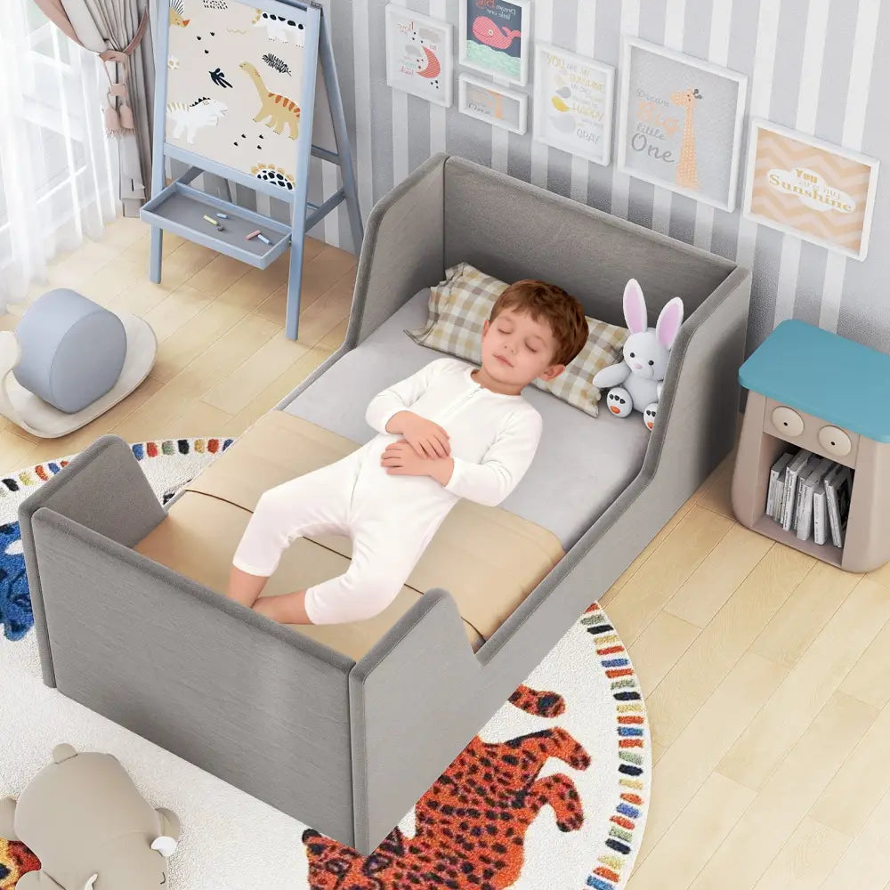 Soft Velvet Fabric Toddler Bed Frame with Safety Rails-Gray - Gray - Toddler Beds