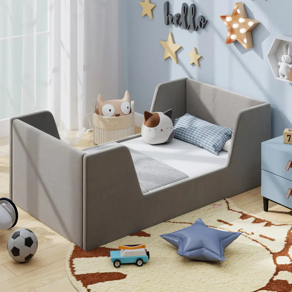 Soft Velvet Fabric Toddler Bed Frame with Safety Rails-Gray - Gray - Toddler Beds