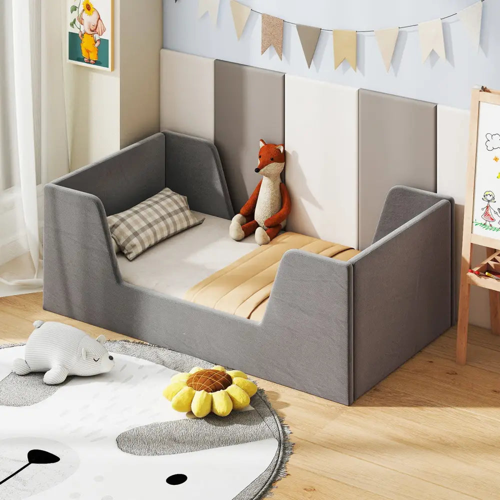 Soft Velvet Fabric Toddler Bed Frame with Safety Rails-Gray - Gray - Toddler Beds