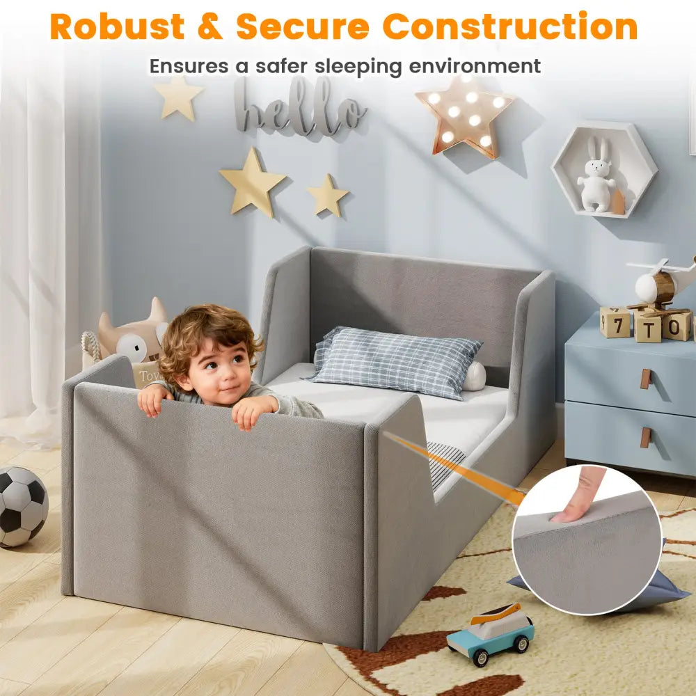 Soft Velvet Fabric Toddler Bed Frame with Safety Rails-Gray - Gray - Toddler Beds