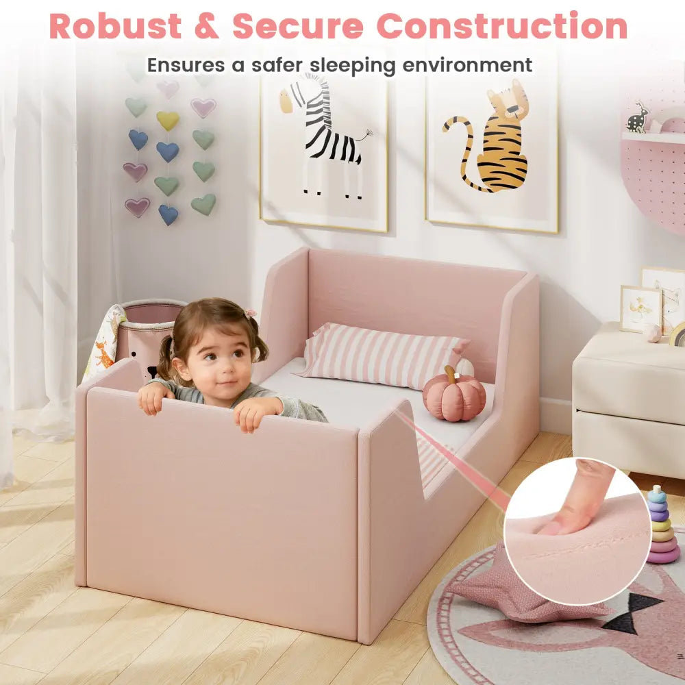 Soft Velvet Fabric Toddler Bed Frame with Safety Rails-Pink - Pink - Toddler Beds