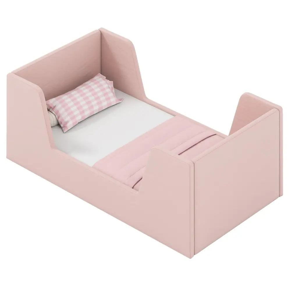 Soft Velvet Fabric Toddler Bed Frame with Safety Rails-Pink - Pink - Toddler Beds