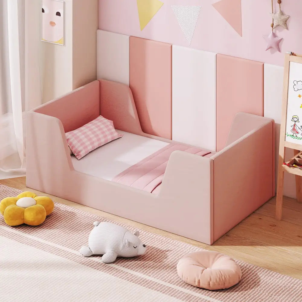 Soft Velvet Fabric Toddler Bed Frame with Safety Rails-Pink - Pink - Toddler Beds