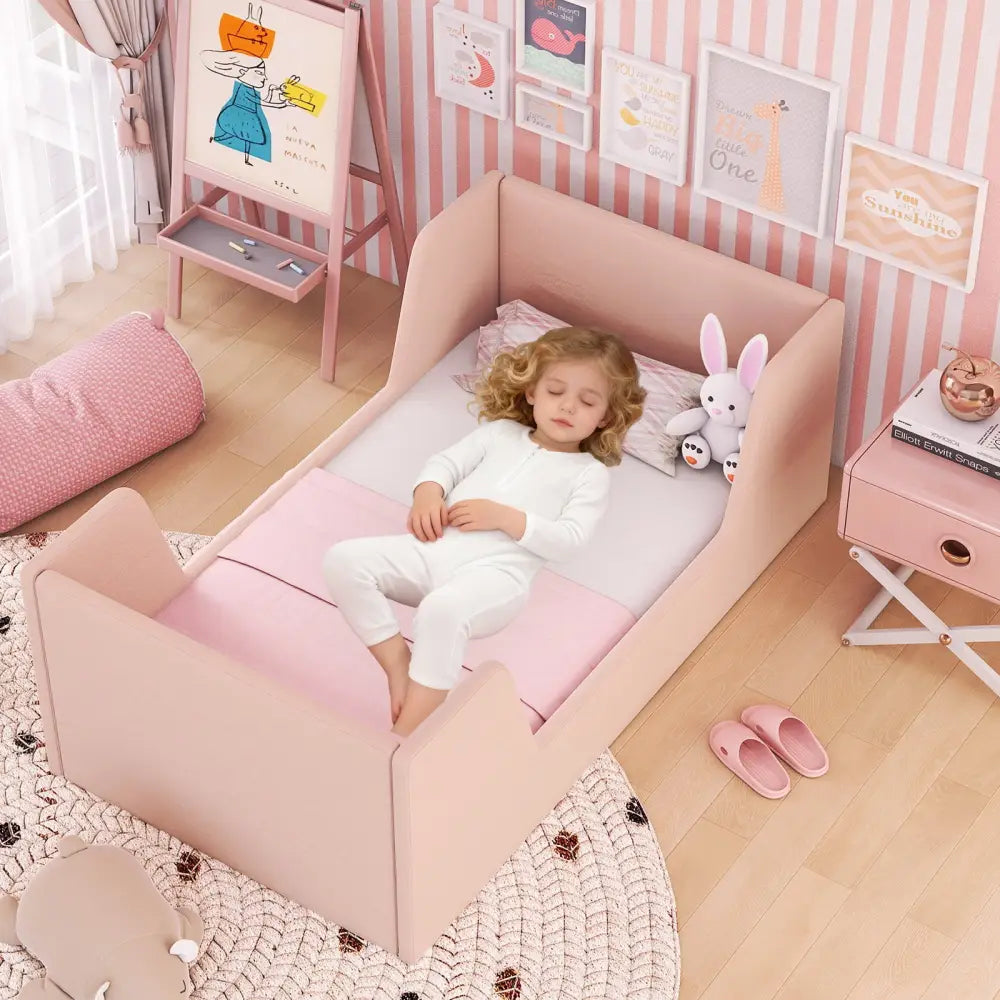 Soft Velvet Fabric Toddler Bed Frame with Safety Rails-Pink - Pink - Toddler Beds