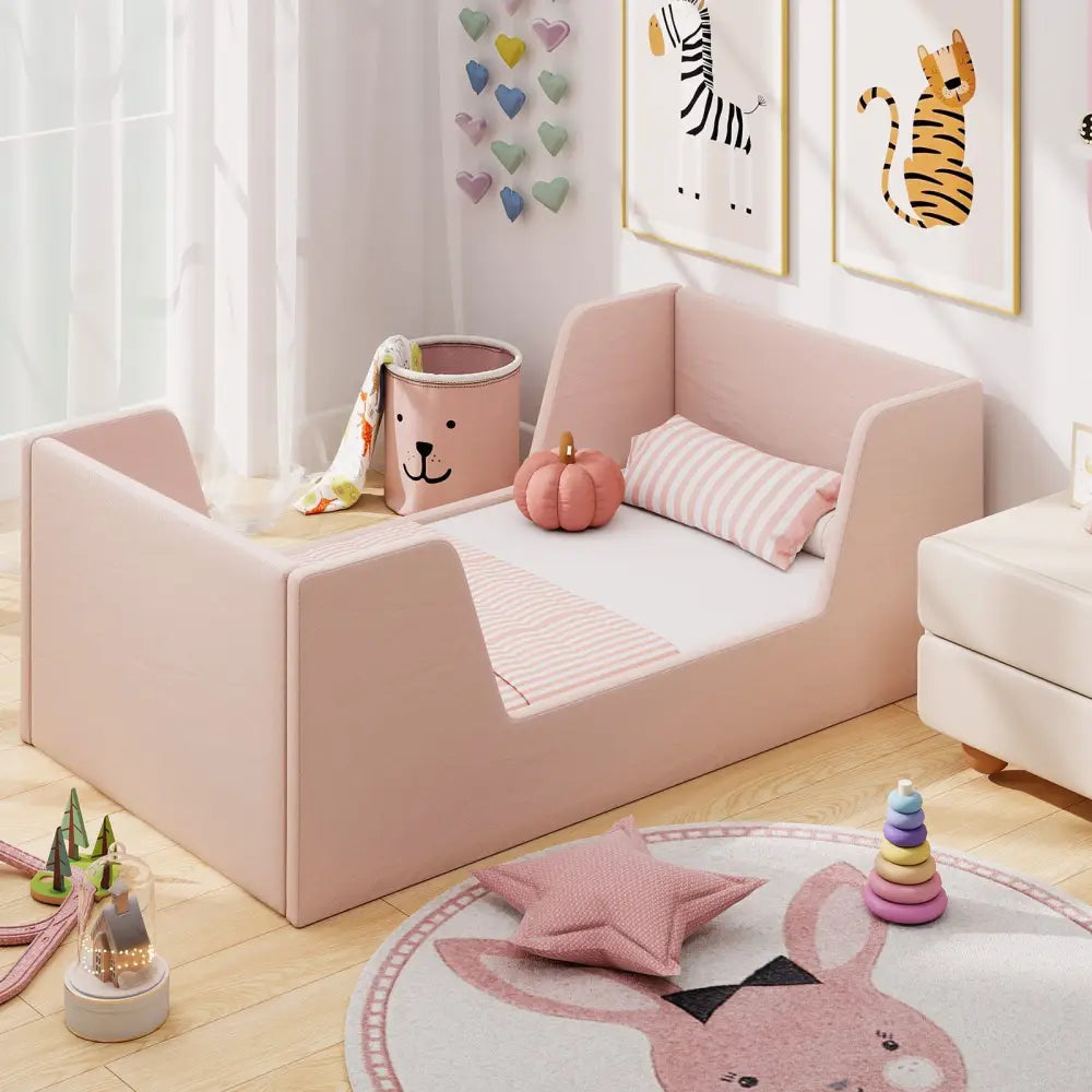 Soft Velvet Fabric Toddler Bed Frame with Safety Rails-Pink - Pink - Toddler Beds