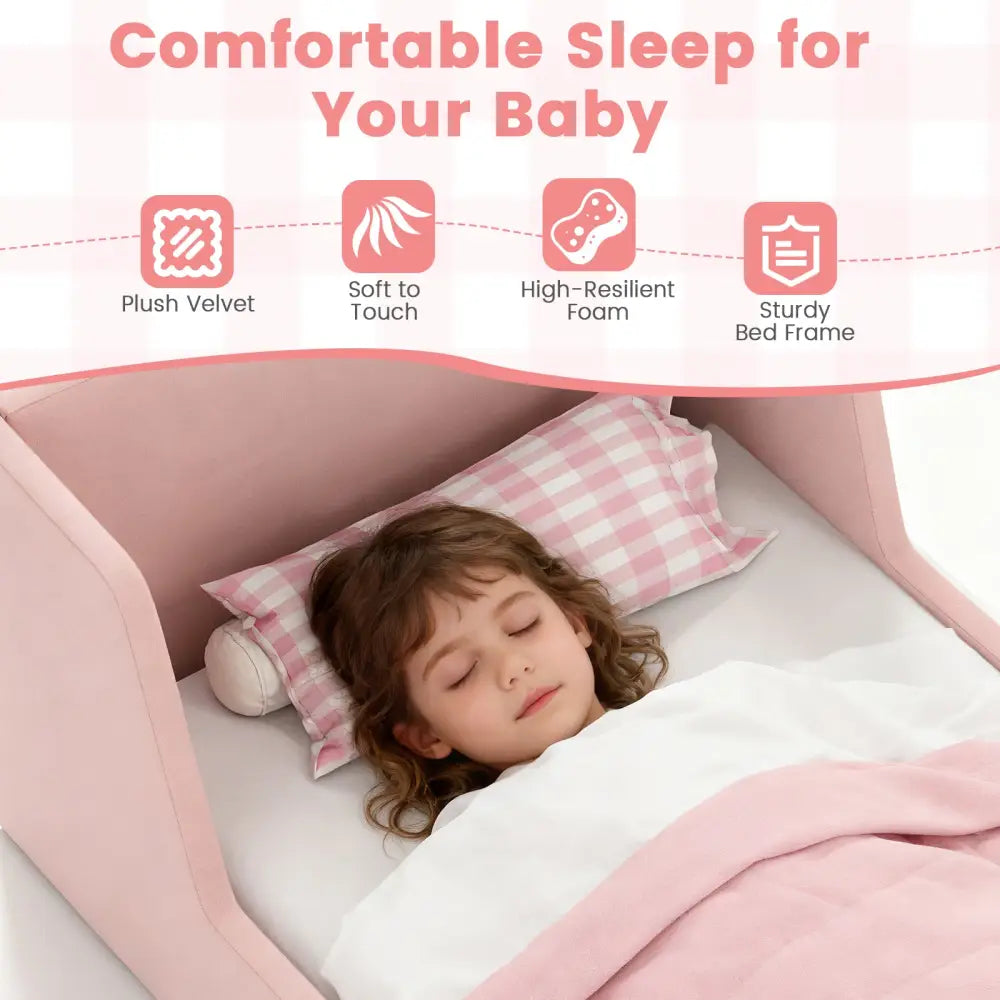 Soft Velvet Fabric Toddler Bed Frame with Safety Rails-Pink - Pink - Toddler Beds
