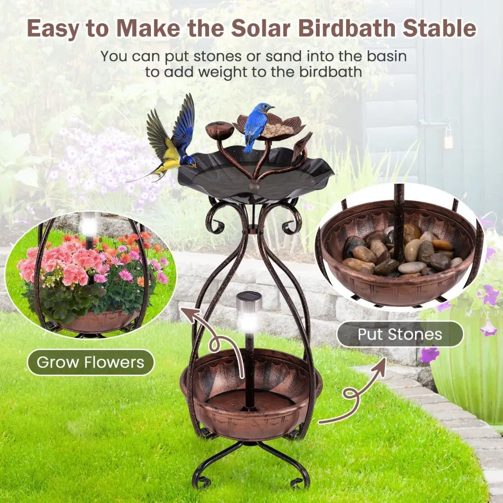 Solar Outdoor Bird Bath Feeder Combo with Flower Planter Pedestal and Solar Lights-Copper - Copper - Bird Supplies