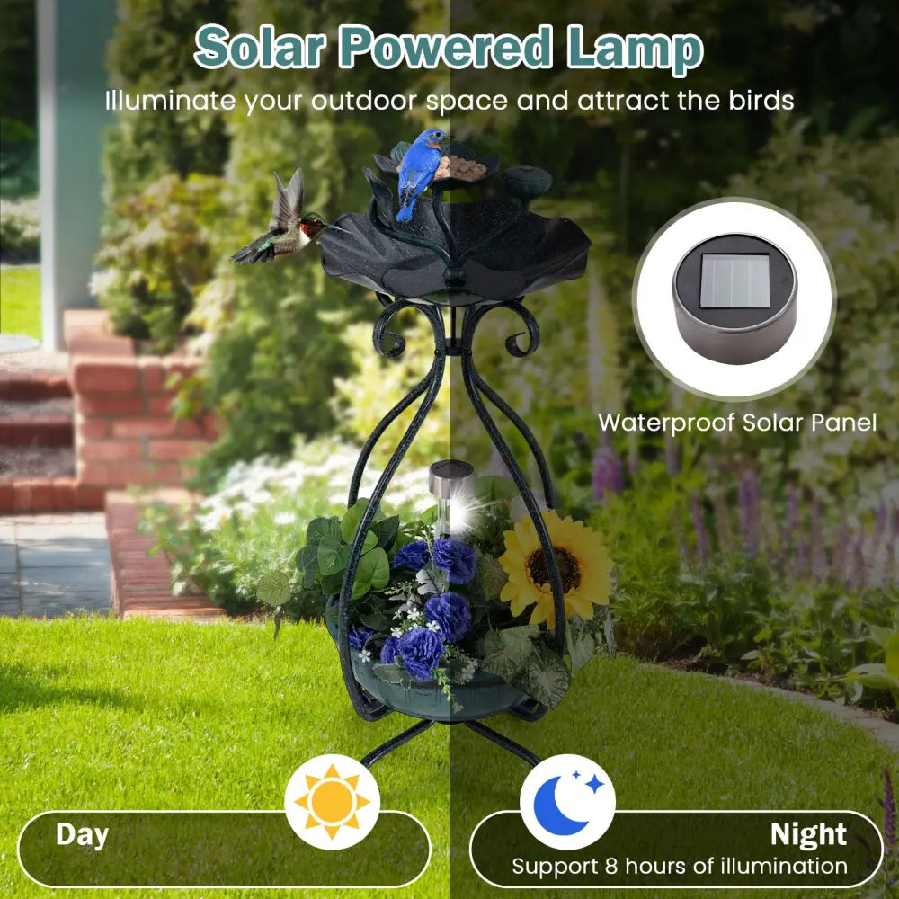 Solar Outdoor Bird Bath Feeder Combo with Flower Planter Pedestal and Solar Lights-Bronze - Bronze - Bird Supplies