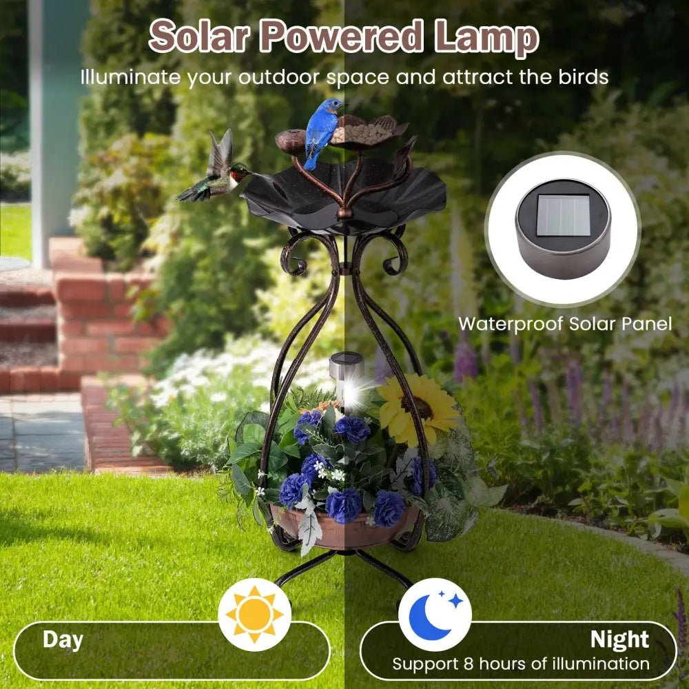 Solar Outdoor Bird Bath Feeder Combo with Flower Planter Pedestal and Solar Lights-Copper - Copper - Bird Supplies