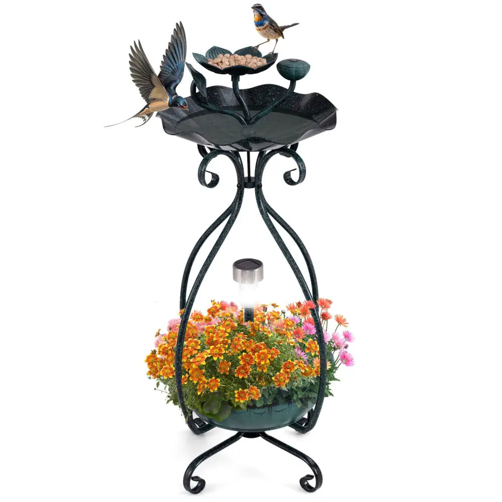 Solar Outdoor Bird Bath Feeder Combo with Flower Planter Pedestal and Solar Lights-Bronze - Bronze - Bird Supplies