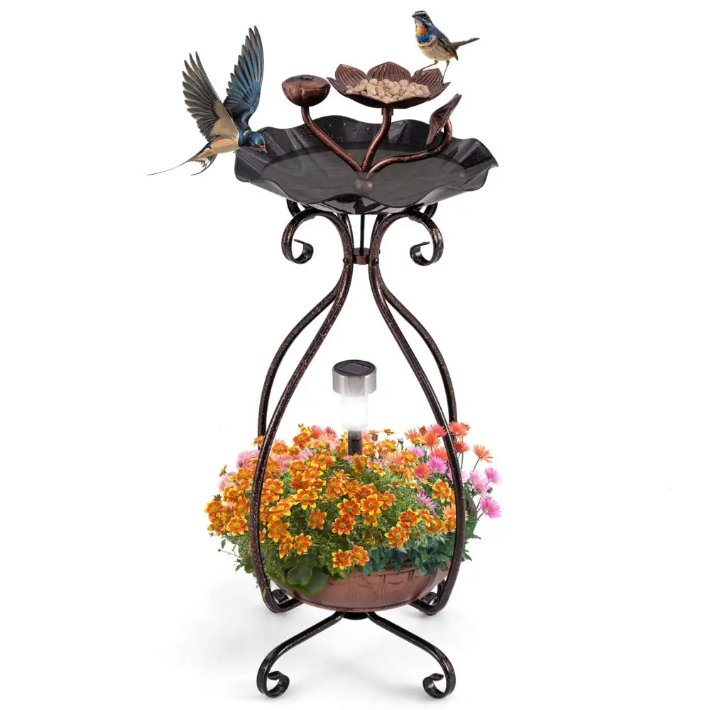 Solar Outdoor Bird Bath Feeder Combo with Flower Planter Pedestal and Solar Lights-Copper - Copper - Bird Supplies