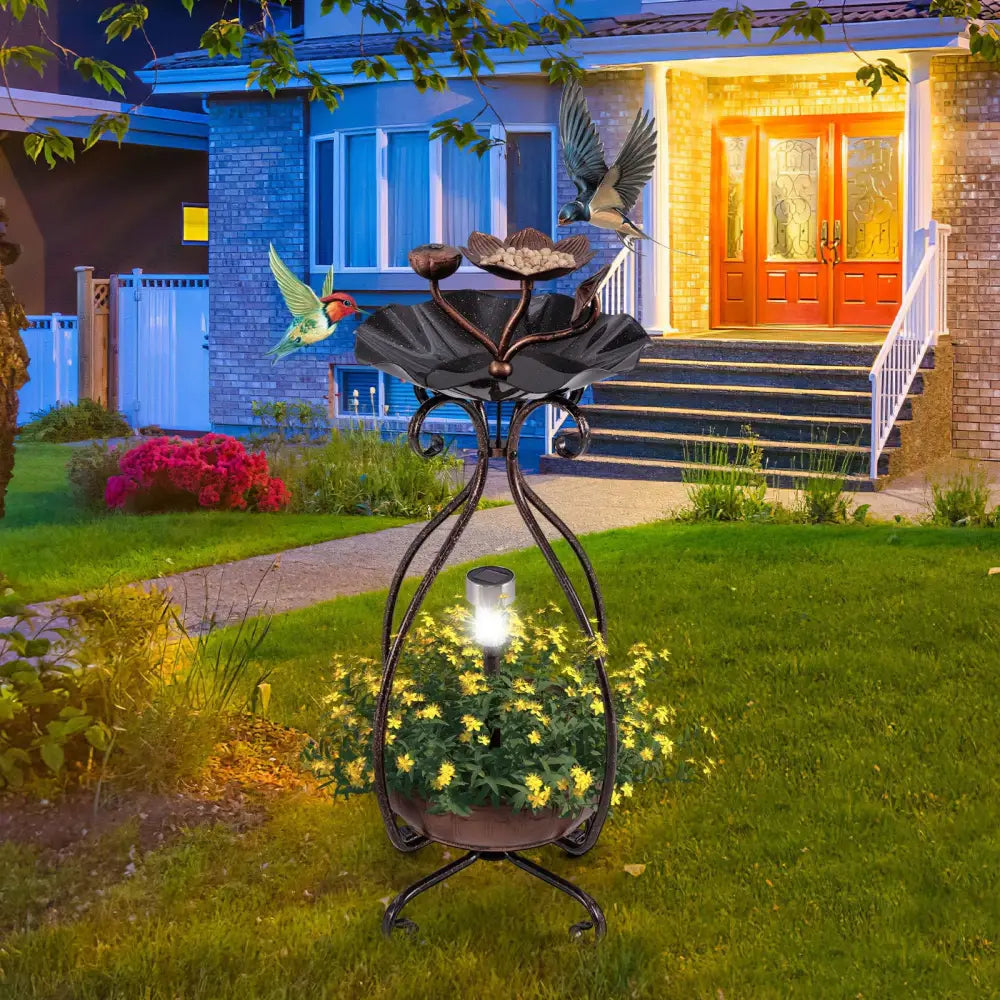Solar Outdoor Bird Bath Feeder Combo with Flower Planter Pedestal and Solar Lights-Copper - Copper - Bird Supplies