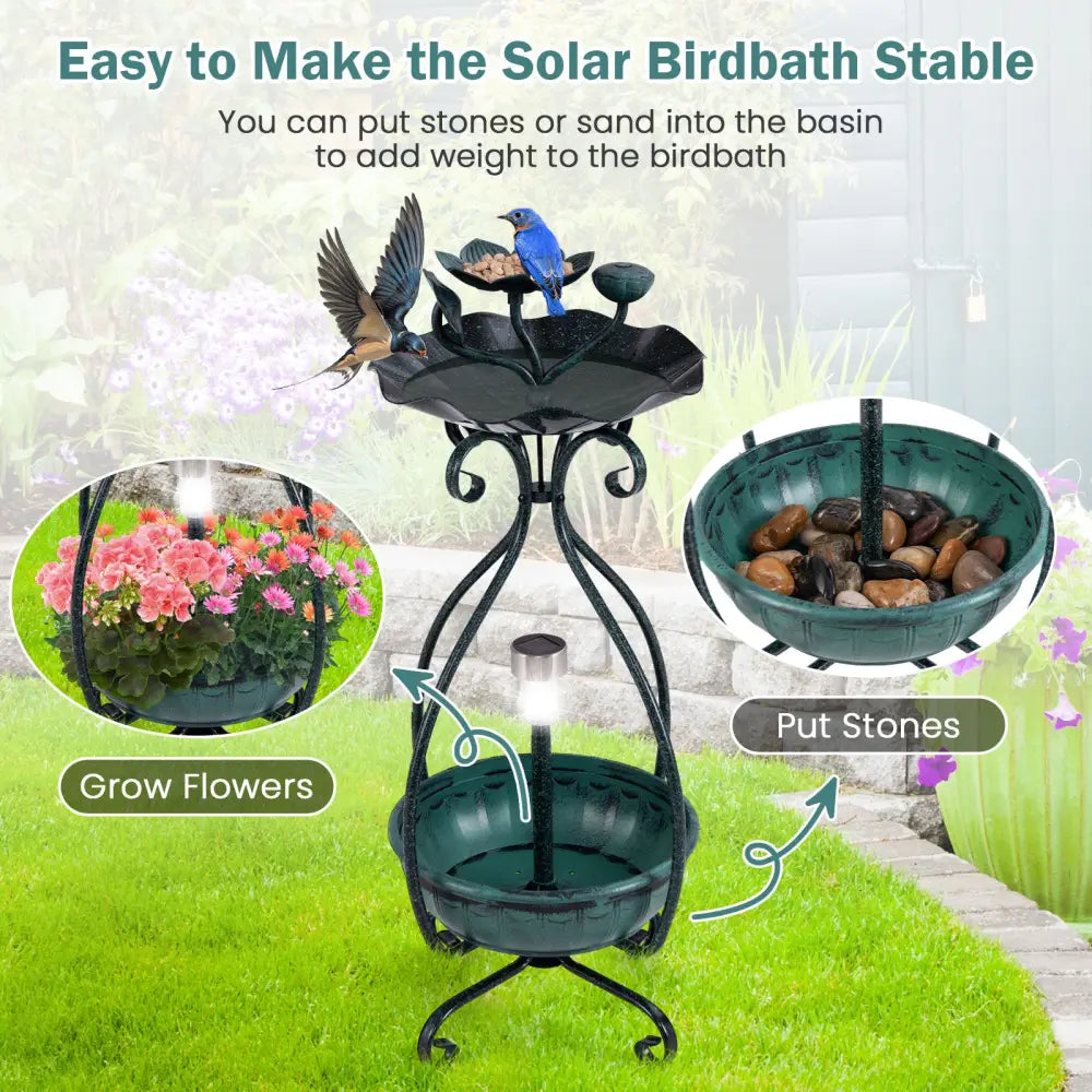 Solar Outdoor Bird Bath Feeder Combo with Flower Planter Pedestal and Solar Lights-Bronze - Bronze - Bird Supplies