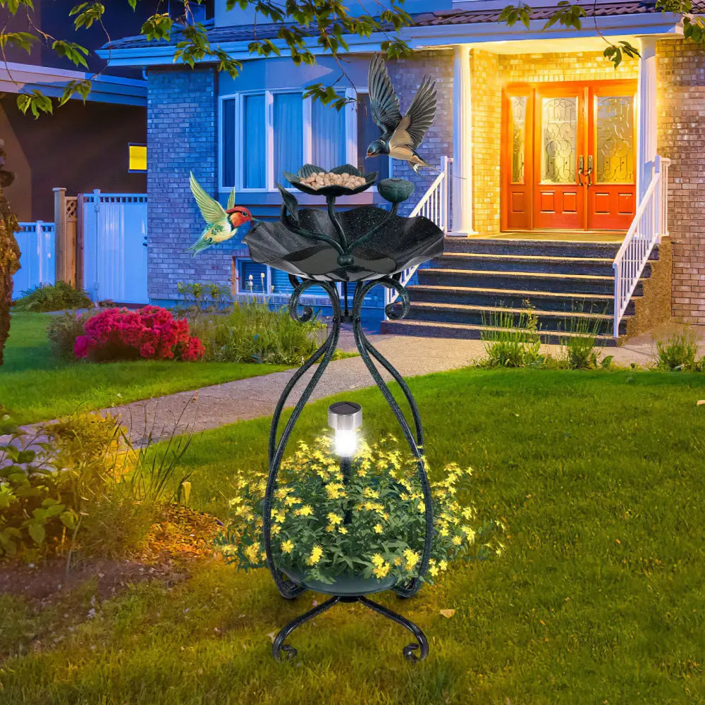 Solar Outdoor Bird Bath Feeder Combo with Flower Planter Pedestal and Solar Lights-Bronze - Bronze - Bird Supplies