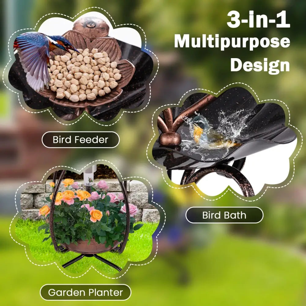 Solar Outdoor Bird Bath Feeder Combo with Flower Planter Pedestal and Solar Lights-Copper - Copper - Bird Supplies
