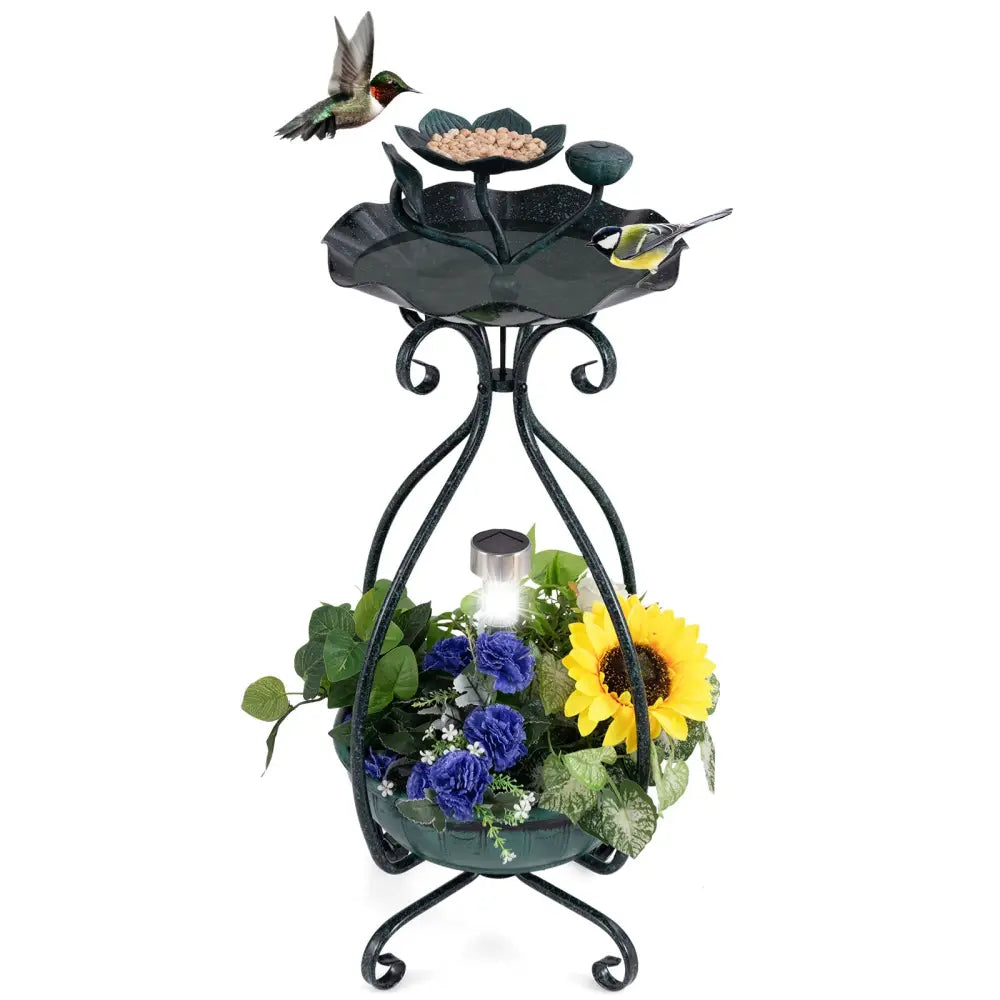 Solar Outdoor Bird Bath Feeder Combo with Flower Planter Pedestal and Solar Lights-Bronze - Bronze - Bird Supplies