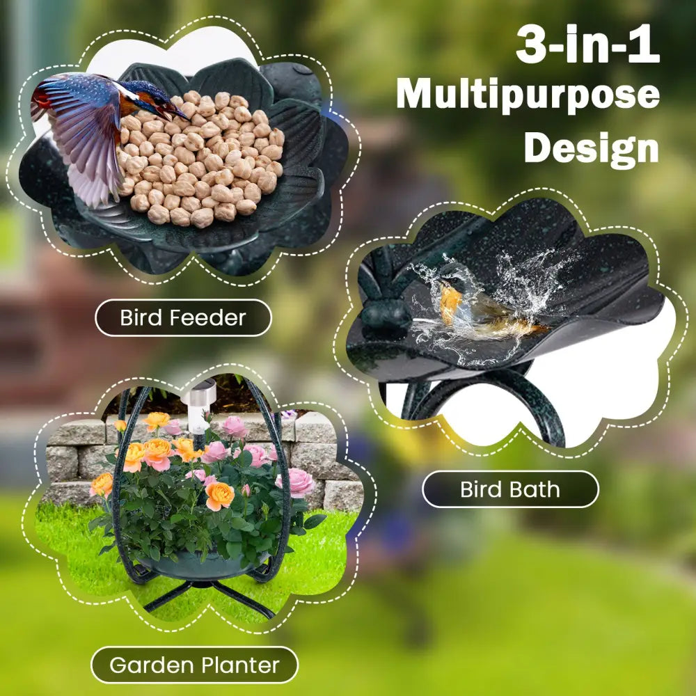 Solar Outdoor Bird Bath Feeder Combo with Flower Planter Pedestal and Solar Lights-Bronze - Bronze - Bird Supplies