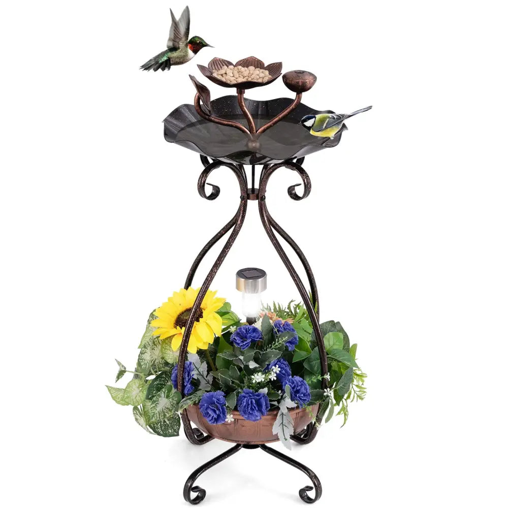 Solar Outdoor Bird Bath Feeder Combo with Flower Planter Pedestal and Solar Lights-Copper - Copper - Bird Supplies