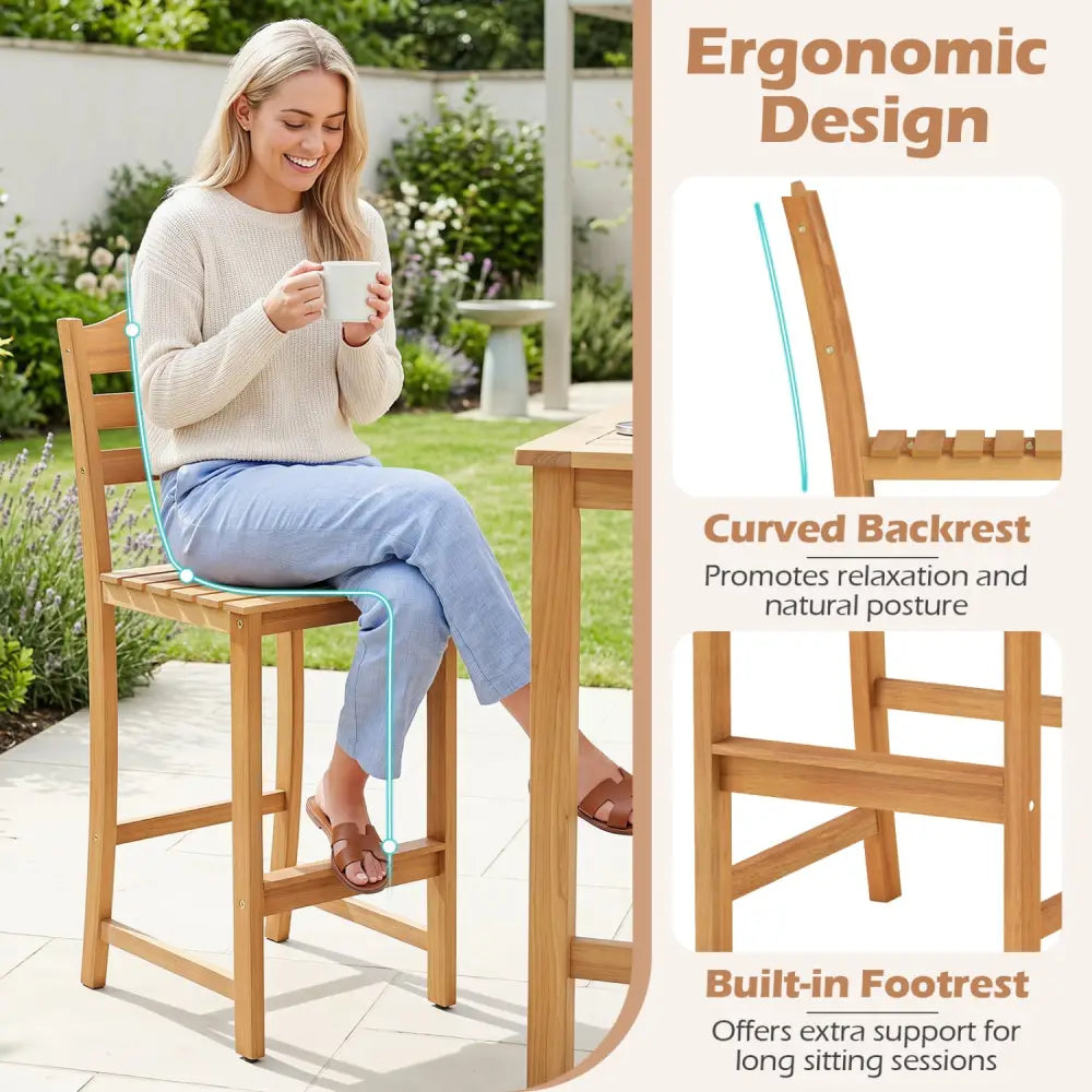 Solid Acacia Wood Bar Stools Heavy-duty Outdoor Barstools with 400 LBS Max Load - Patio Bar Furniture