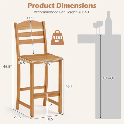 Solid Acacia Wood Bar Stools Heavy-duty Outdoor Barstools with 400 LBS Max Load - Patio Bar Furniture