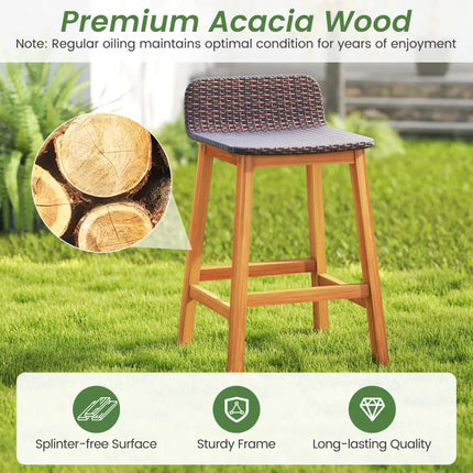 Solid Acacia Wood Bar Stools Set of 2 with Backrests and Footrests for Porch-Brown - Brown - Patio Bar Furniture