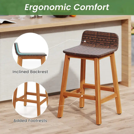 Solid Acacia Wood Bar Stools Set of 2 with Backrests and Footrests for Porch-Brown - Brown - Patio Bar Furniture