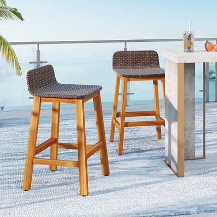 Solid Acacia Wood Bar Stools Set of 2 with Backrests and Footrests for Porch-Brown - Brown - Patio Bar Furniture