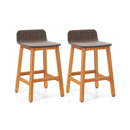 Solid Acacia Wood Bar Stools Set of 2 with Backrests and Footrests for Porch-Brown - Brown - Patio Bar Furniture
