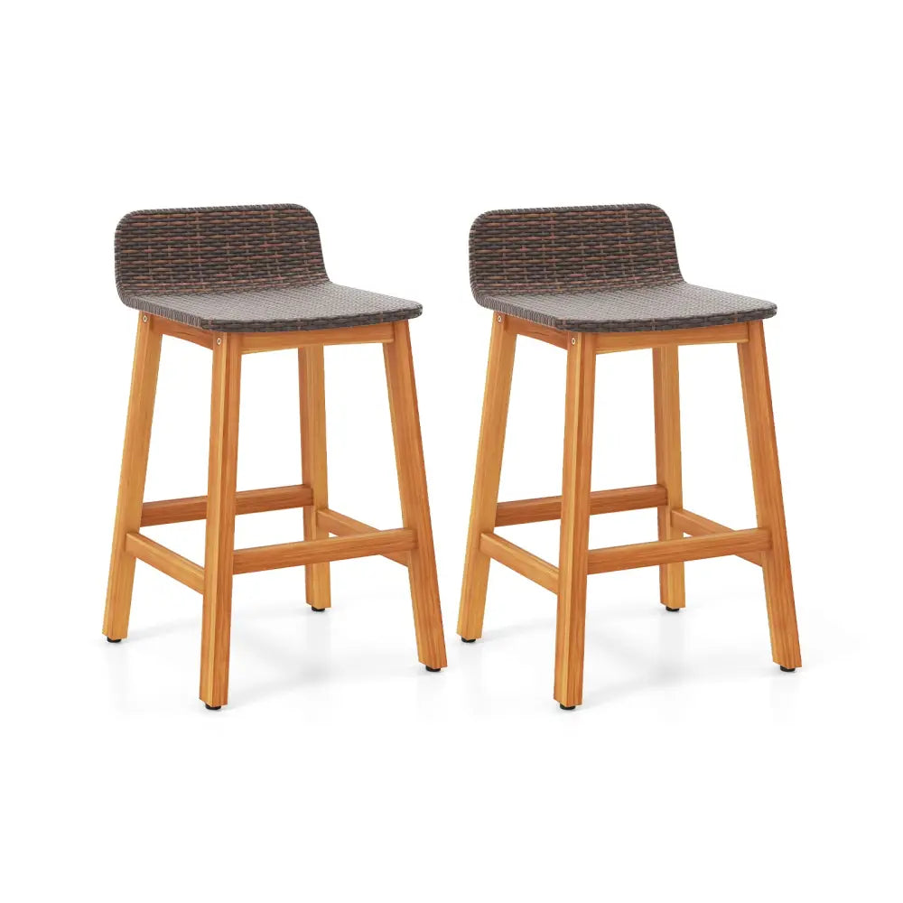 Solid Acacia Wood Bar Stools Set of 2 with Backrests and Footrests for Porch-Brown - Brown - Patio Bar Furniture