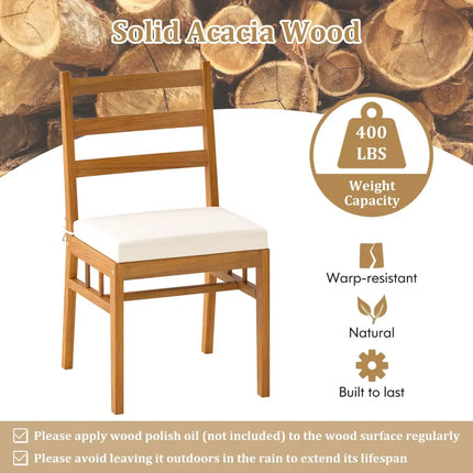 Solid Acacia Wood Patio Chair Set of 2 Armless Chair-White - White - Patio Dining Chairs