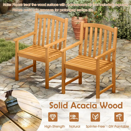 Solid Acacia Wood Patio Chairs Set of 2 with Slatted Seat and Inclined Backrest for Porch - Natural - Patio Dining
