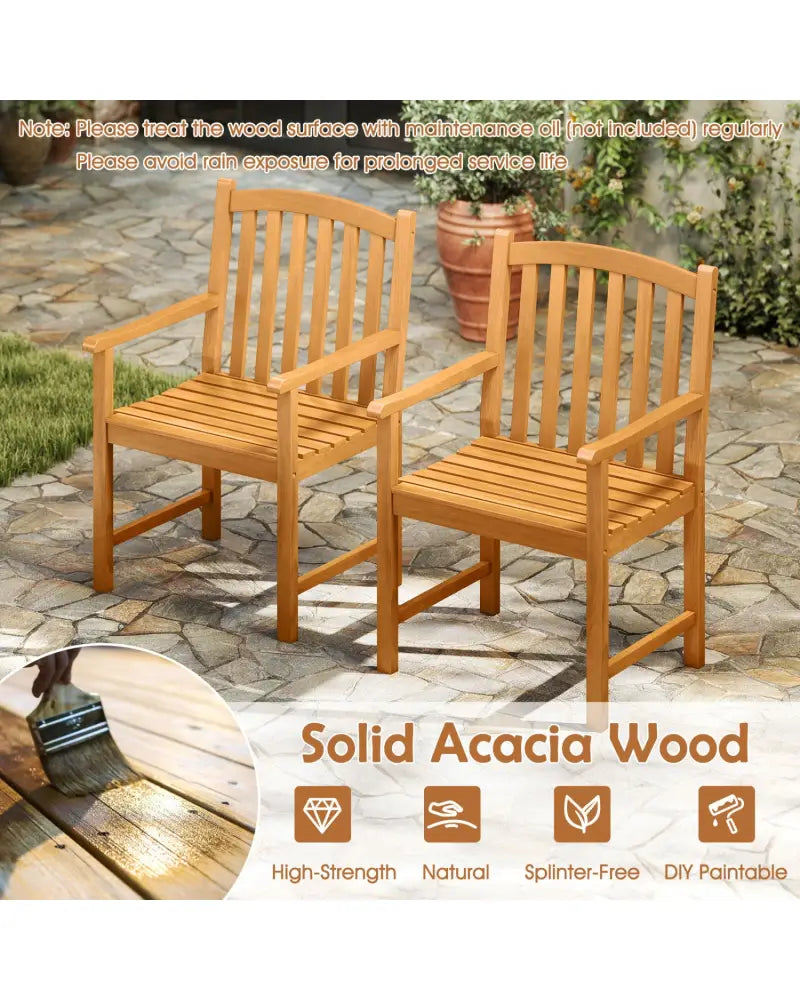 Solid Acacia Wood Patio Chairs Set of 2 with Slatted Seat and Inclined Backrest for Porch - Natural - Patio Dining