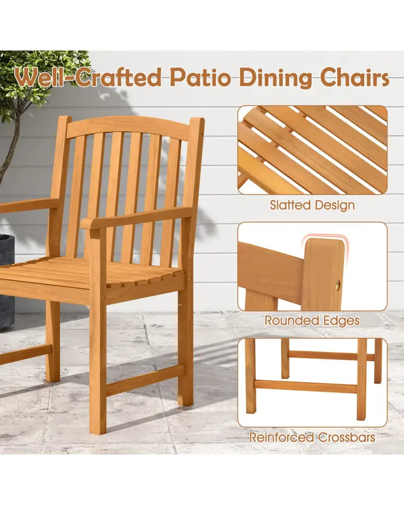 Solid Acacia Wood Patio Chairs Set of 2 with Slatted Seat and Inclined Backrest for Porch - Natural - Patio Dining